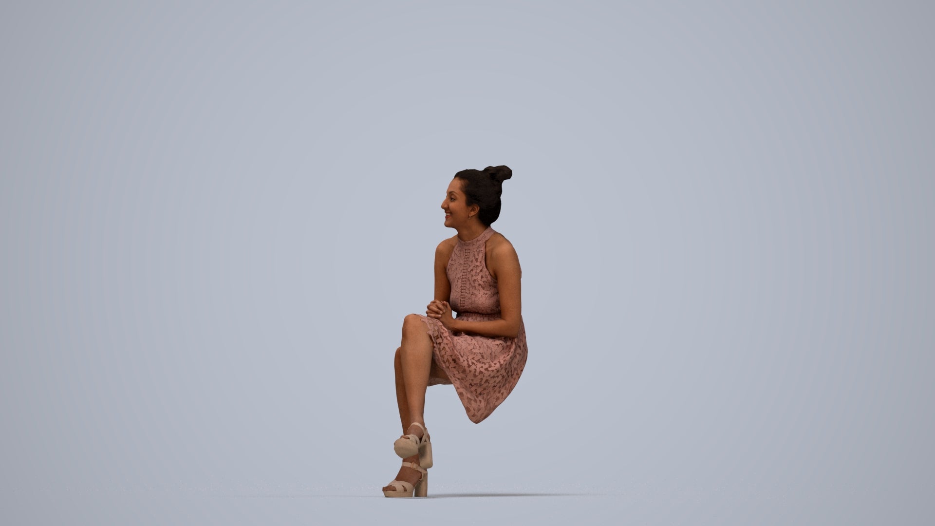 realistic 3D woman formal sitting, scanned archviz people for Blender and 3ds Max, top-down view render