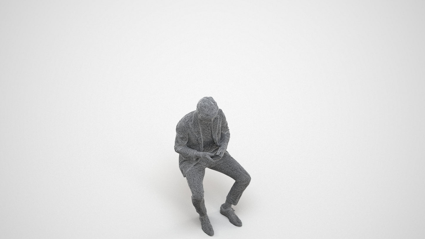 photogrammetry 3D man business sitting, realistic human model archviz FBX, wireframe three-quarter view