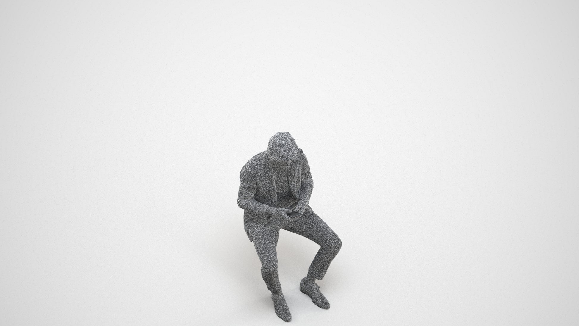 photogrammetry 3D man business sitting, realistic human model archviz FBX, wireframe three-quarter view