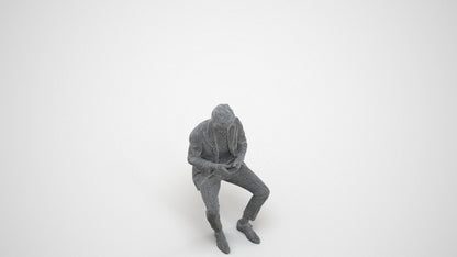 photogrammetry 3D man business sitting, realistic human model archviz FBX, wireframe three-quarter view