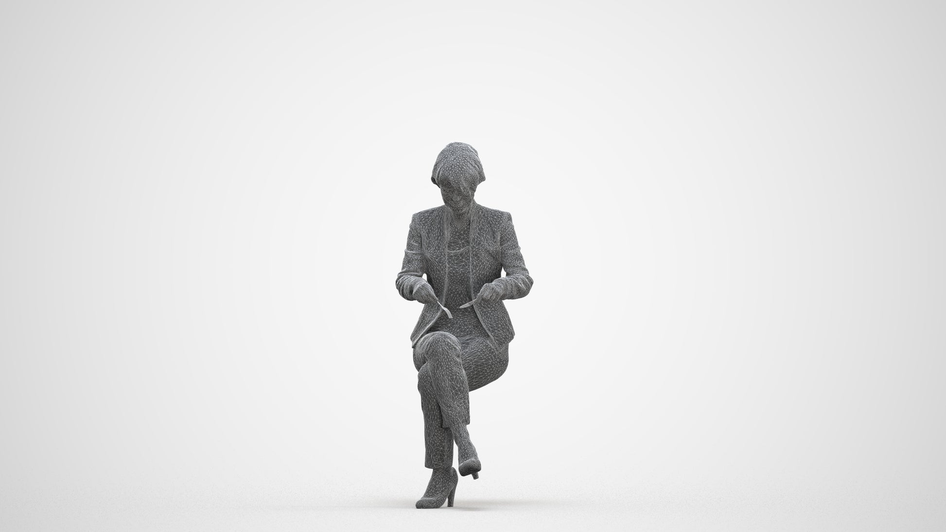 realistic 3D human senior woman business sitting, archviz people FBX OBJ for Blender, three-quarter front view render