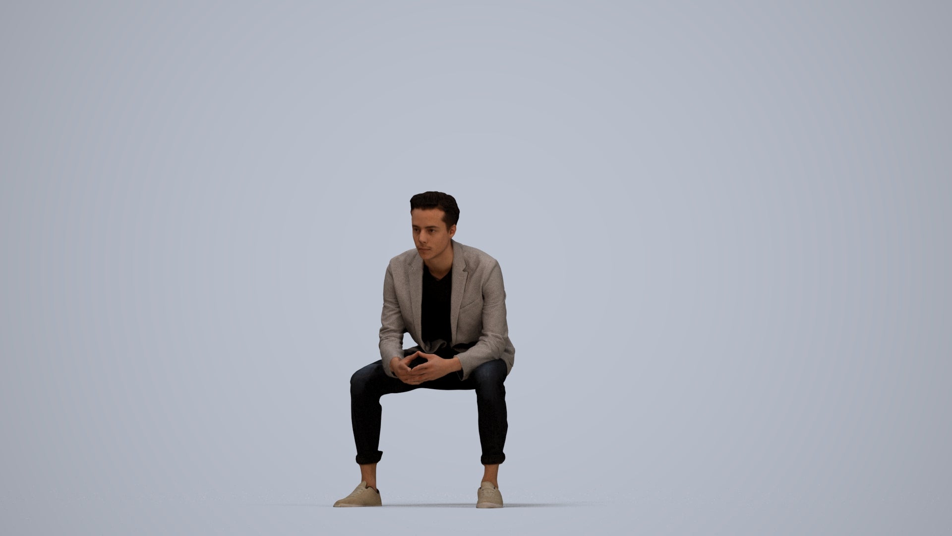photogrammetry 3D man business sitting, realistic human model archviz FBX, top-down view render