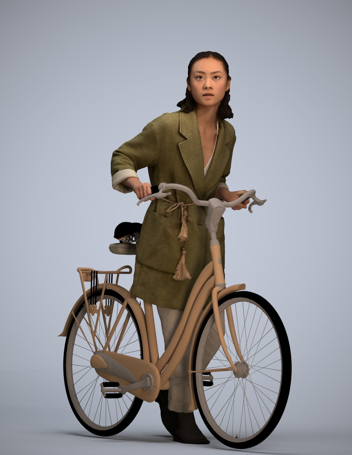 3D human model woman casual cycling, photogrammetry scanned person for archviz