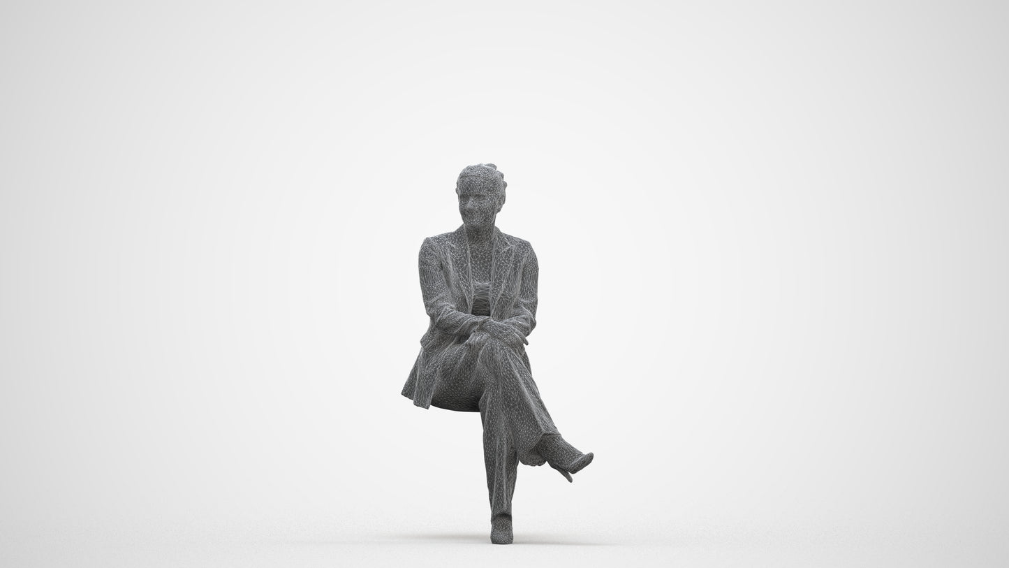 3D human model woman business sitting, photogrammetry scanned person for archviz, three-quarter front view render