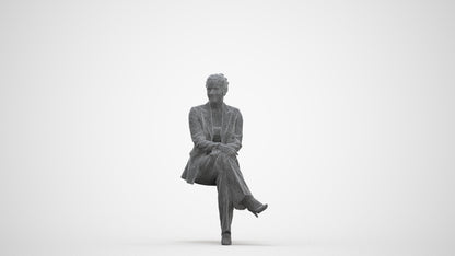 3D human model woman business sitting, photogrammetry scanned person for archviz, three-quarter front view render