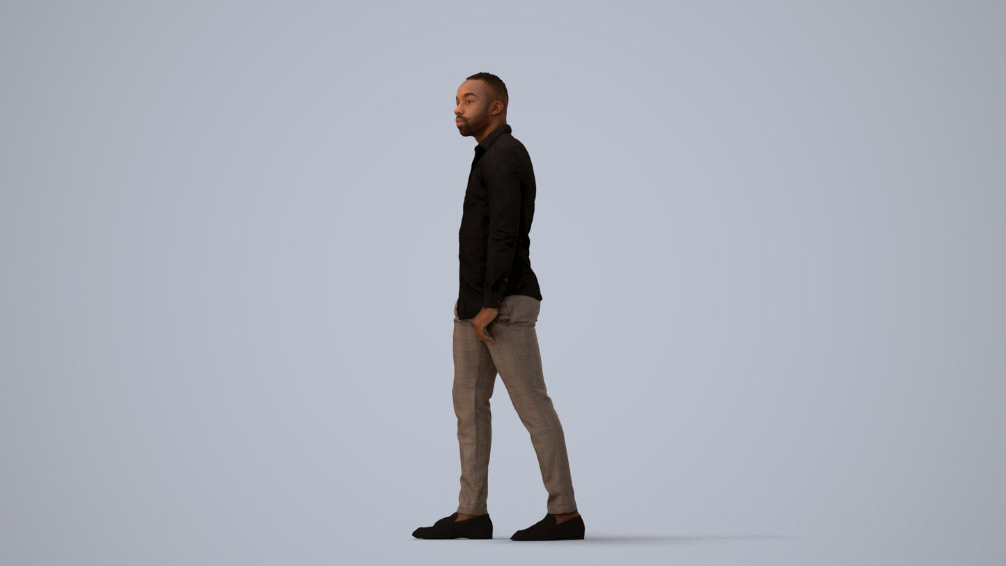 photogrammetry 3D man business walking, realistic human model archviz FBX, three-quarter view render