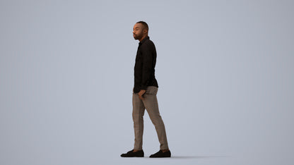 photogrammetry 3D man business walking, realistic human model archviz FBX, three-quarter view render