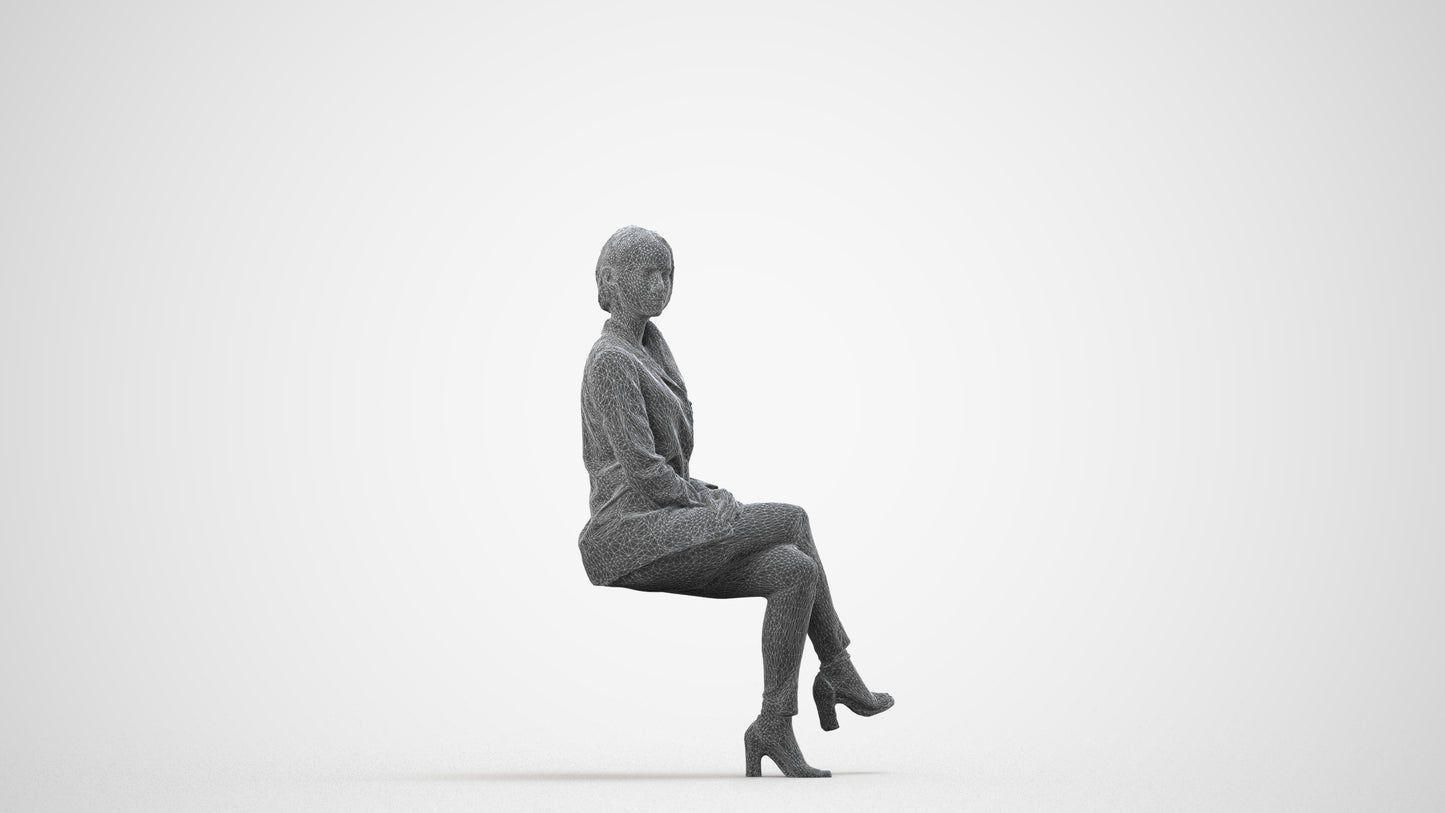 3D scanned woman sitting business, photorealistic archviz people for Enscape and SketchUp, wireframe side view