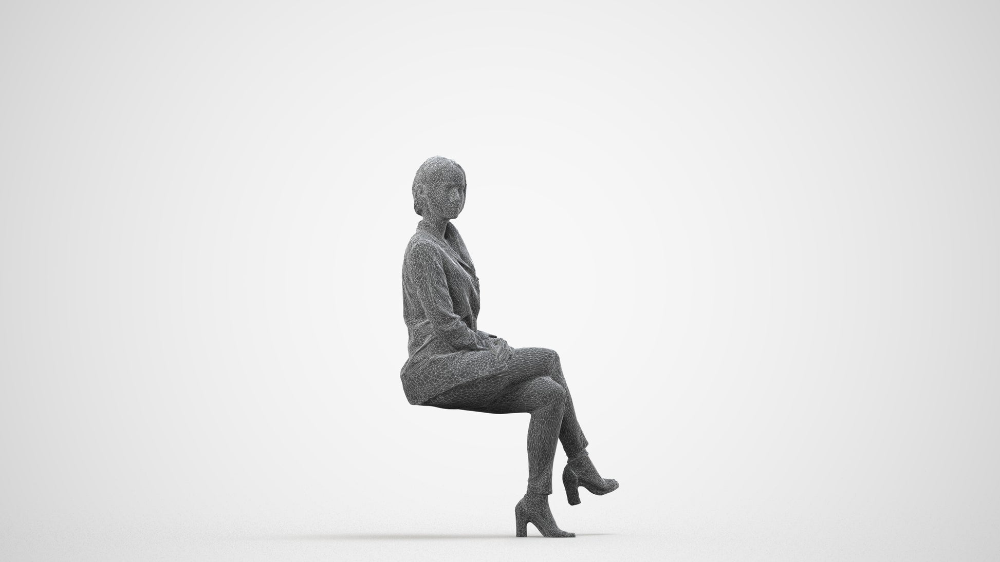 3D scanned woman sitting business, photorealistic archviz people for Enscape and SketchUp, wireframe side view