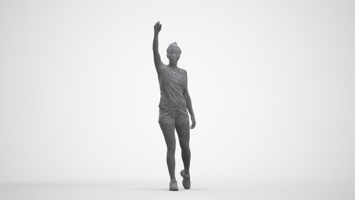 3D human model woman sport, photogrammetry scanned person for archviz, three-quarter front view render