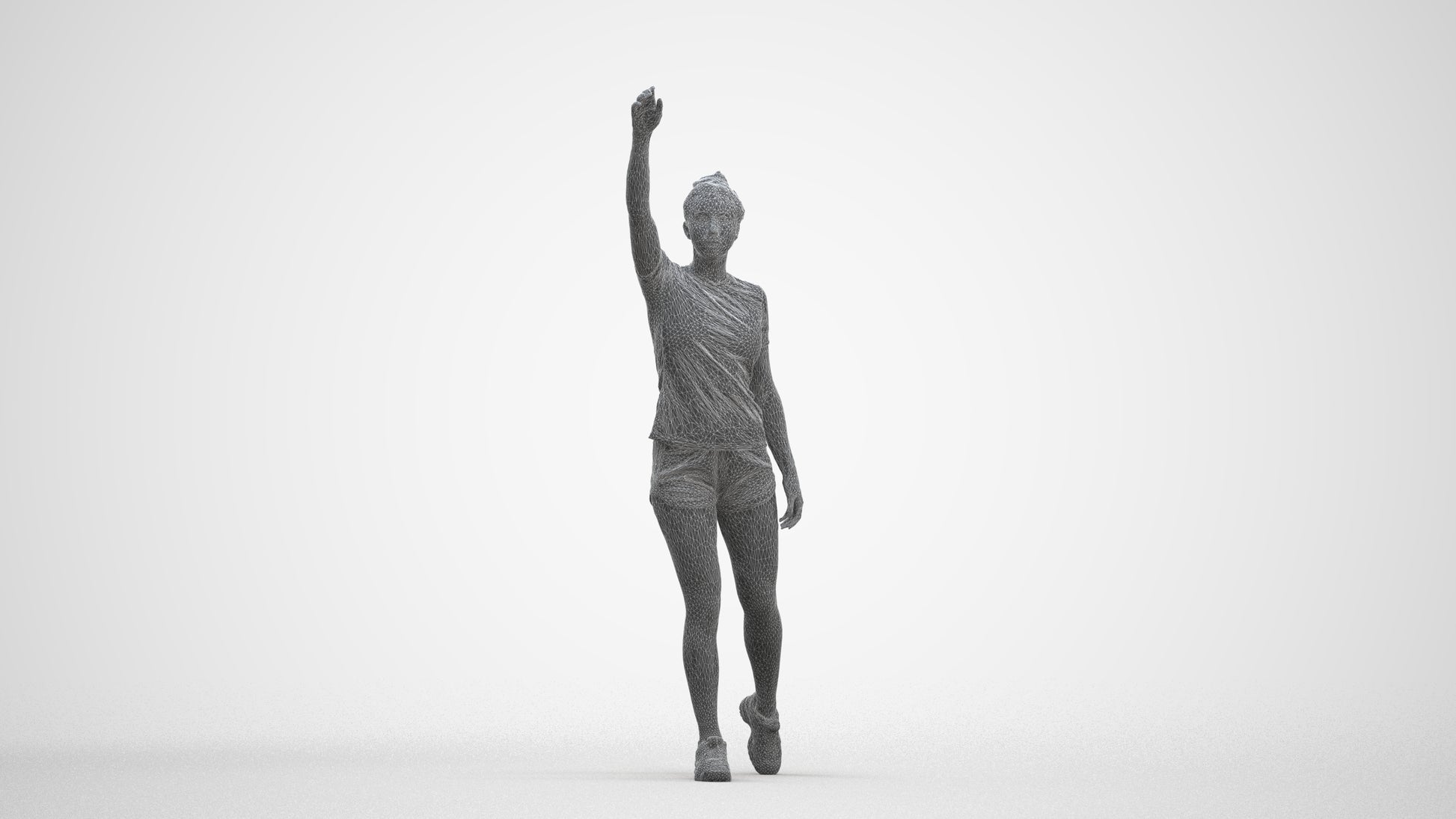 3D human model woman sport, photogrammetry scanned person for archviz, three-quarter front view render