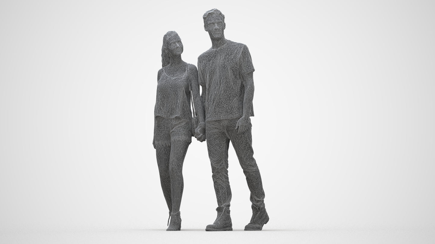 realistic 3D woman casual couple, scanned archviz people for Blender and 3ds Max, wireframe back view