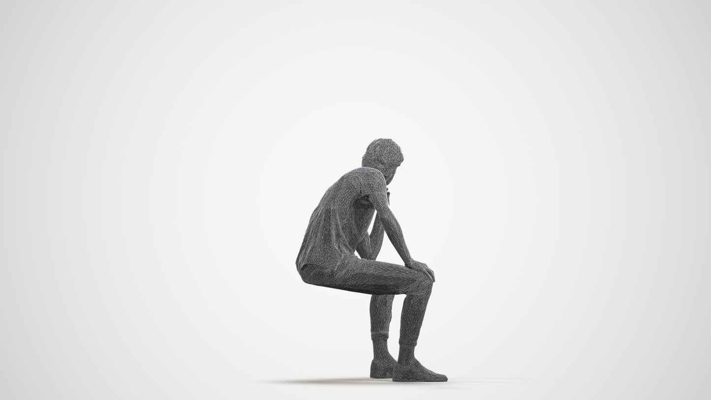 3D scanned man sitting casual, photorealistic archviz people for Enscape and SketchUp, wireframe front view