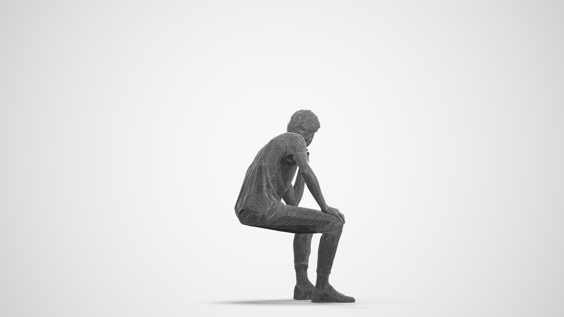 3D scanned man sitting casual, photorealistic archviz people for Enscape and SketchUp, wireframe front view