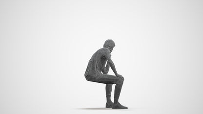 3D scanned man sitting casual, photorealistic archviz people for Enscape and SketchUp, wireframe front view