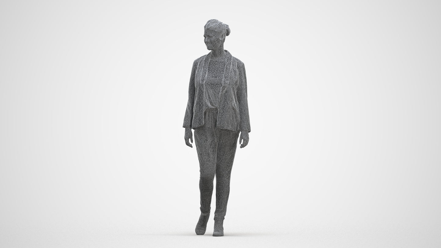 photogrammetry 3D woman business walking, realistic human model archviz FBX, three-quarter front view render