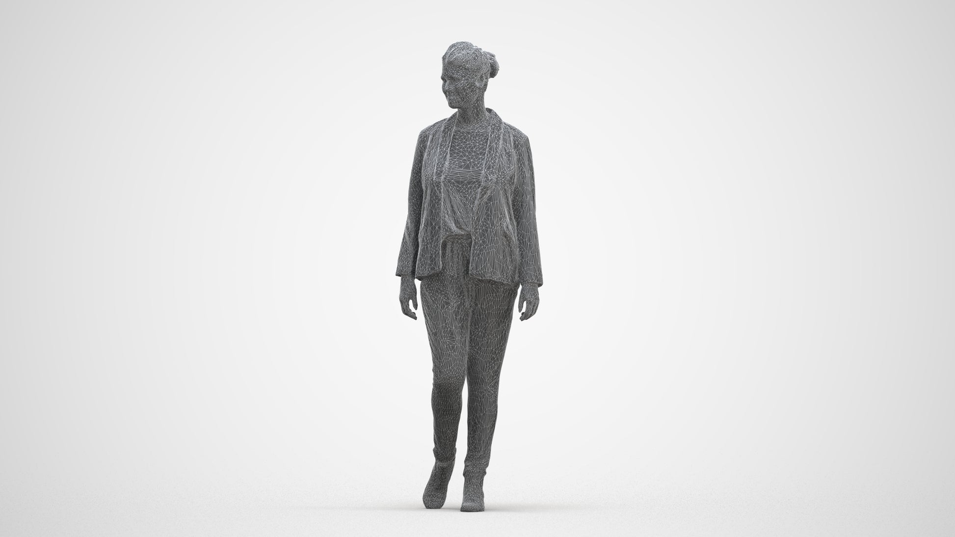 photogrammetry 3D woman business walking, realistic human model archviz FBX, three-quarter front view render