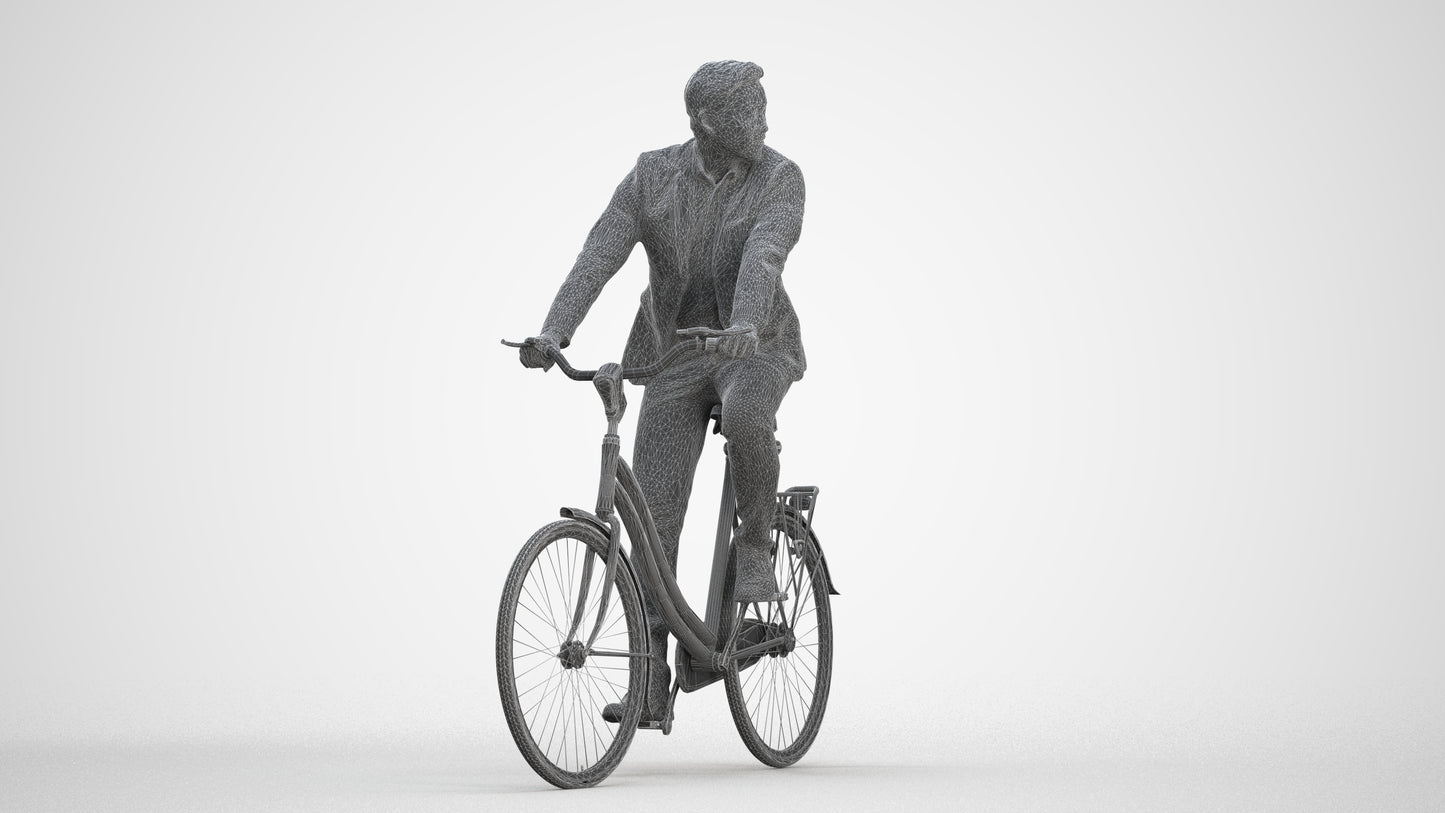 3D human model man business cycling, photogrammetry scanned person for archviz, three-quarter front view render