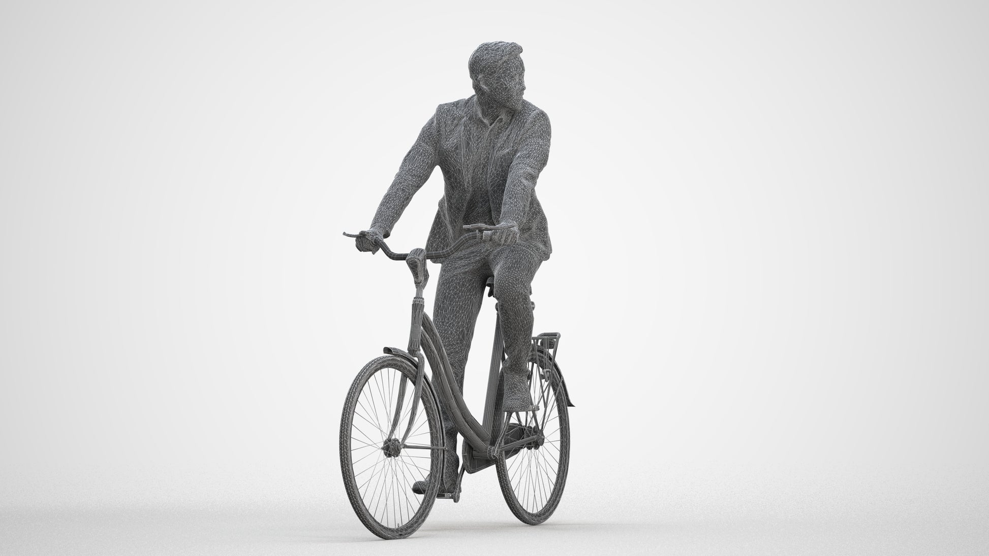 3D human model man business cycling, photogrammetry scanned person for archviz, three-quarter front view render