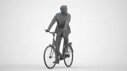 3D human model man business cycling, photogrammetry scanned person for archviz, three-quarter front view render
