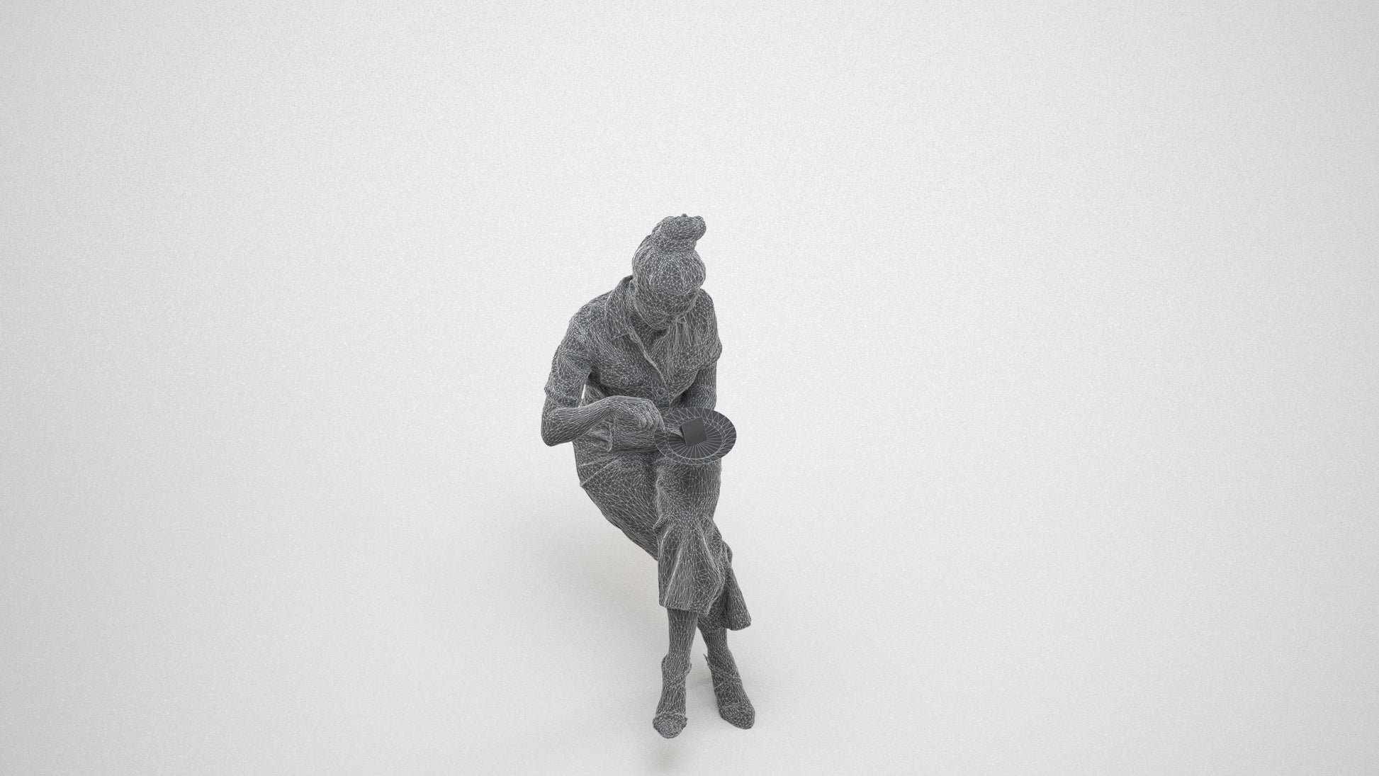 photogrammetry 3D woman formal sitting, realistic human model archviz FBX, wireframe three-quarter view