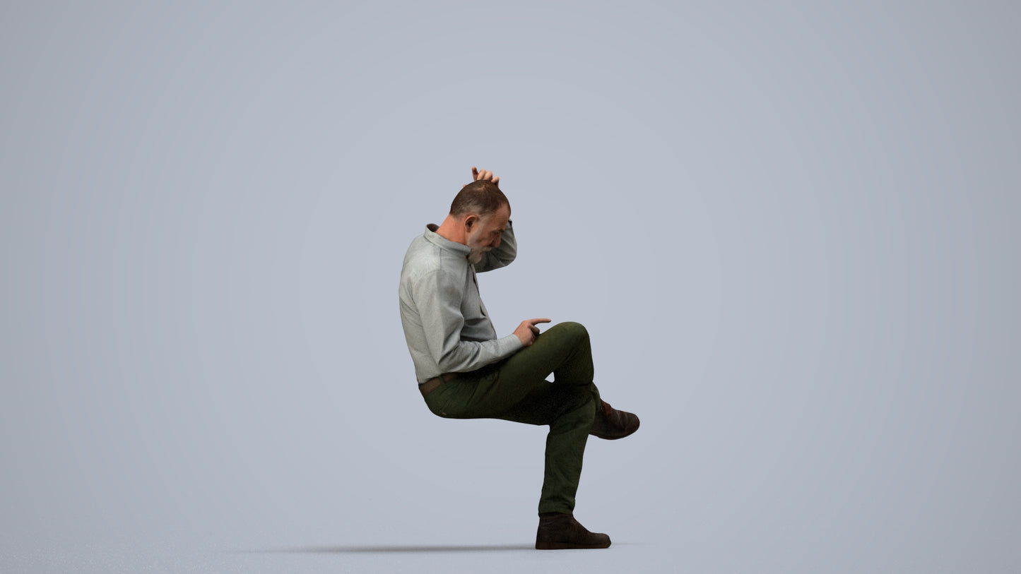 photogrammetry 3D senior man casual sitting, realistic human model archviz FBX, side view render