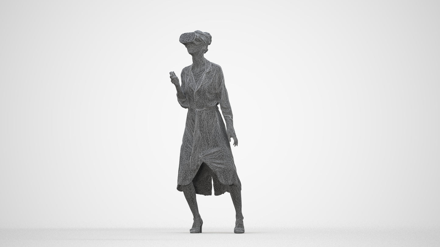 3D human model woman casual standing, photogrammetry scanned person for archviz, wireframe back view