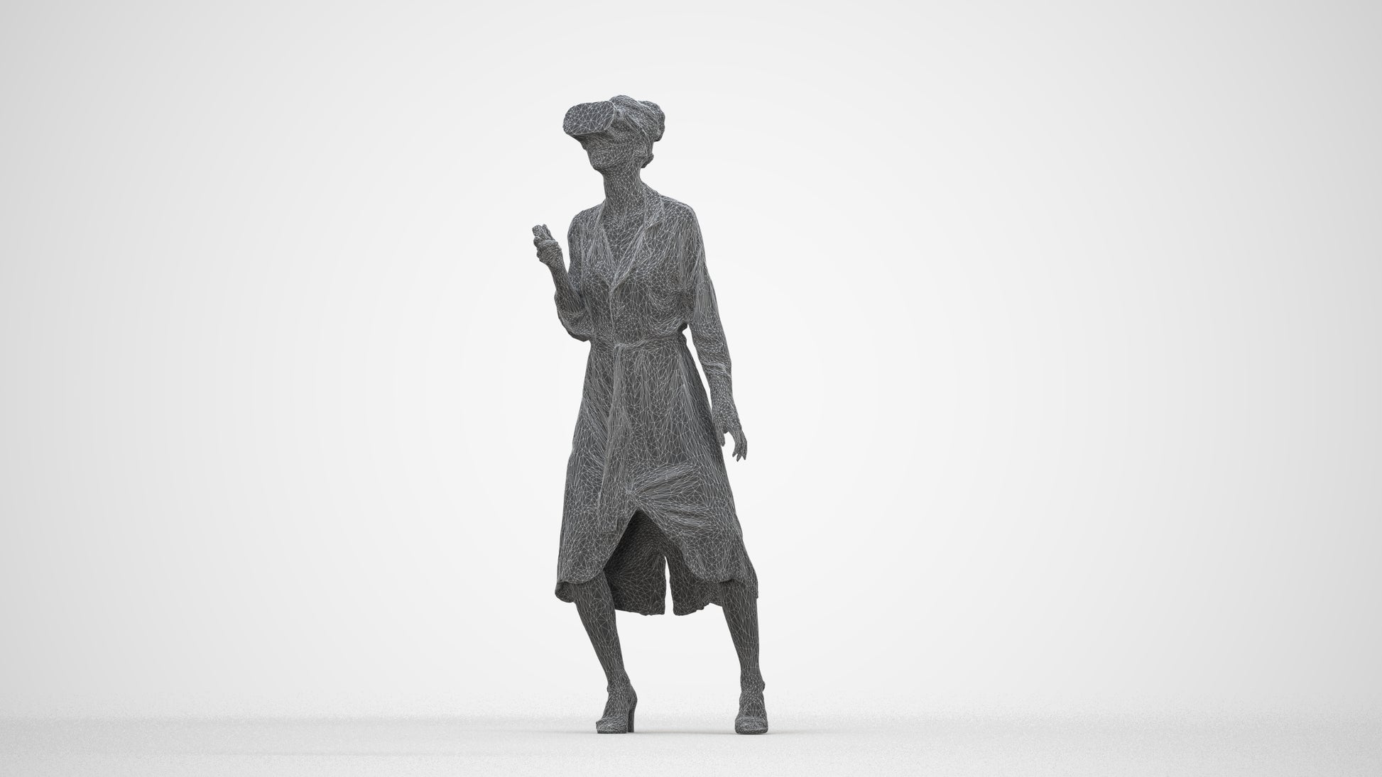3D human model woman casual standing, photogrammetry scanned person for archviz, wireframe back view