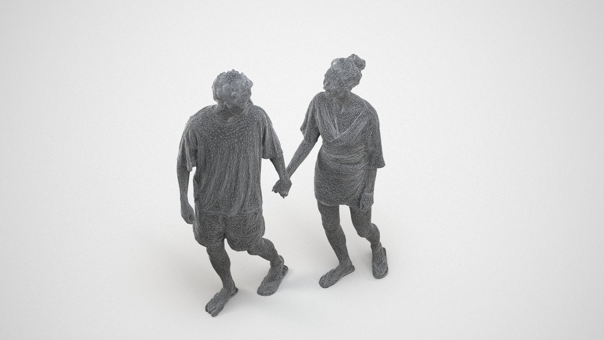 realistic 3D woman casual couple, scanned archviz people for Blender and 3ds Max, wireframe three-quarter view