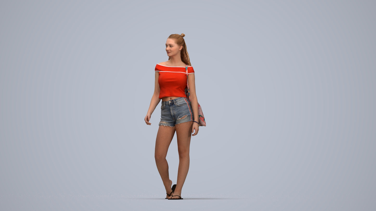 realistic 3D people girl casual walking, render-ready for V-Ray and Corona, FBX OBJ, top-down view render