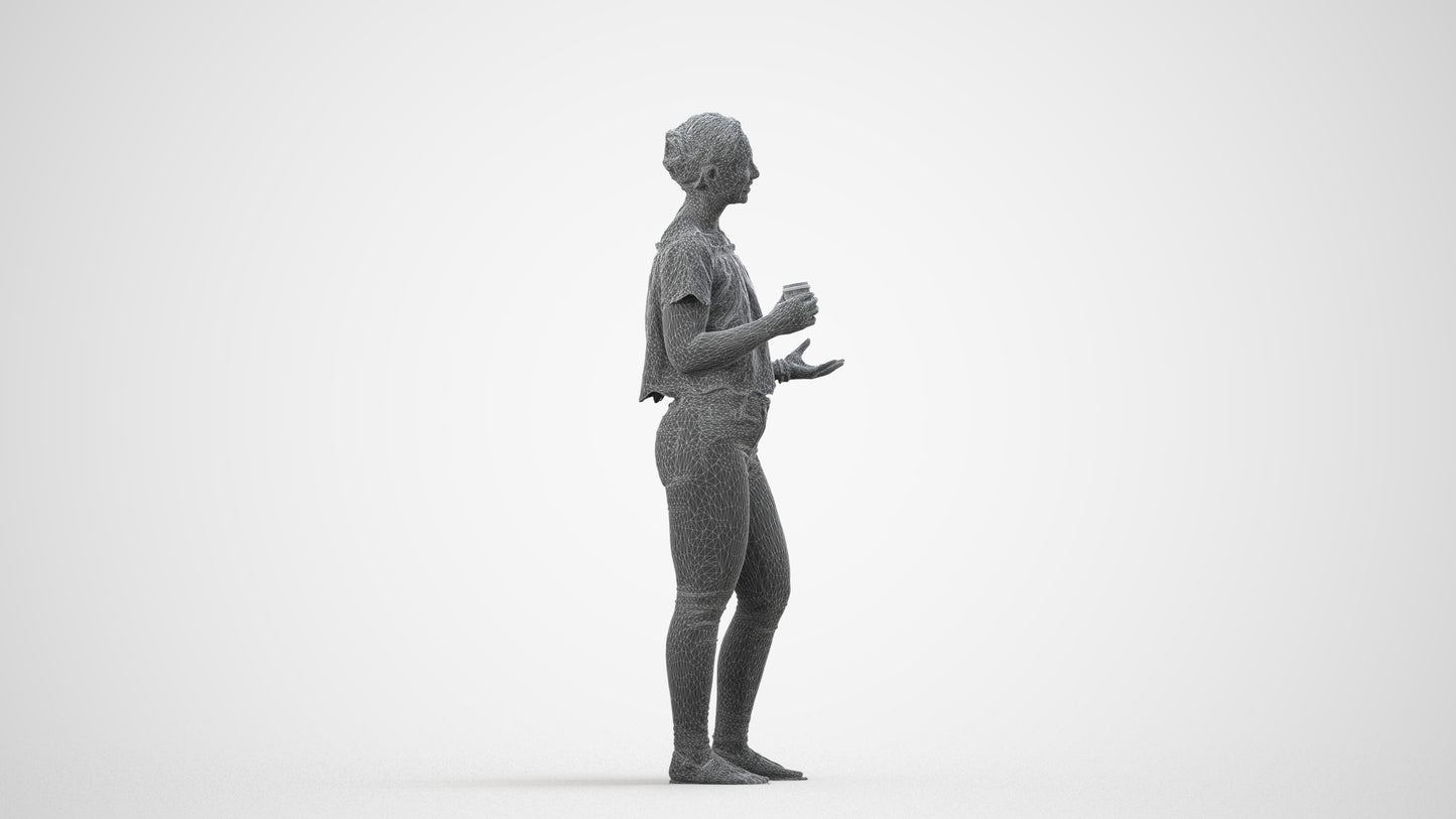 3D scanned woman standing casual, photorealistic archviz people for Enscape and SketchUp, wireframe side view
