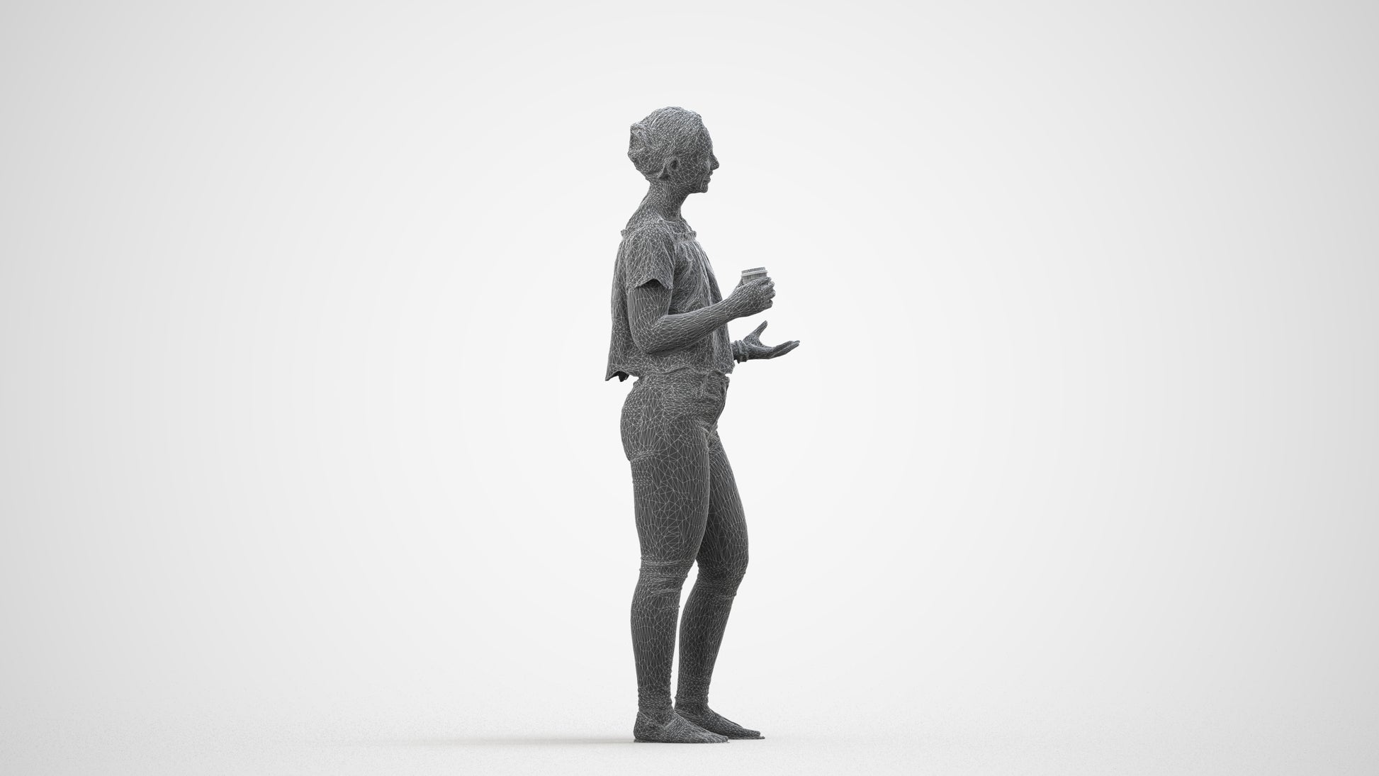 3D scanned woman standing casual, photorealistic archviz people for Enscape and SketchUp, wireframe side view