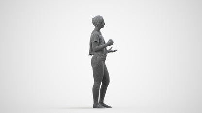 3D scanned woman standing casual, photorealistic archviz people for Enscape and SketchUp, wireframe side view