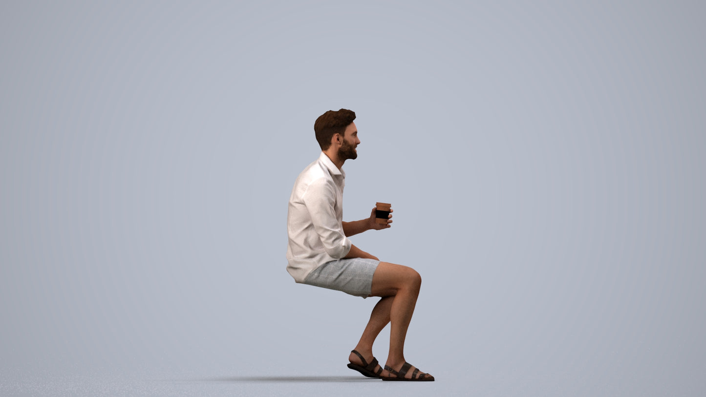 photogrammetry 3D man casual sitting, realistic human model archviz FBX, side view render