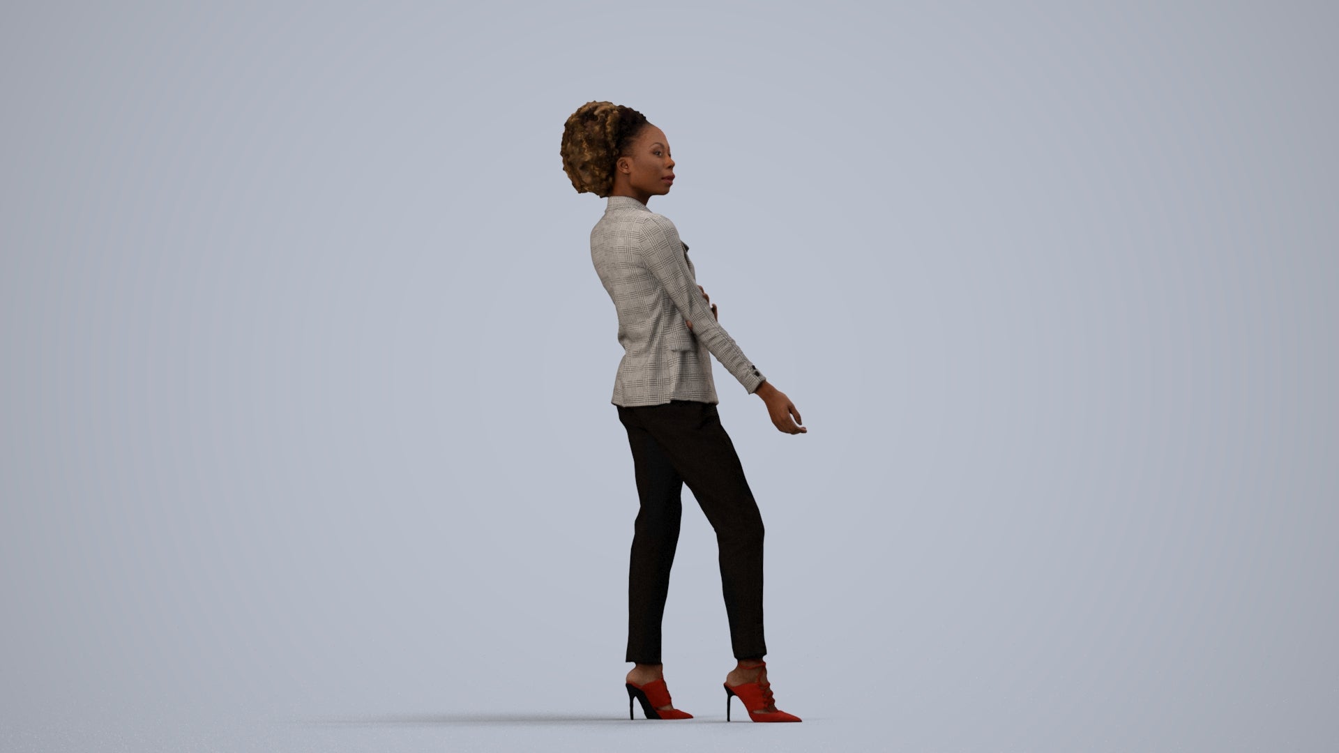 3D scanned woman standing business, photorealistic archviz people for Enscape and SketchUp, side view render
