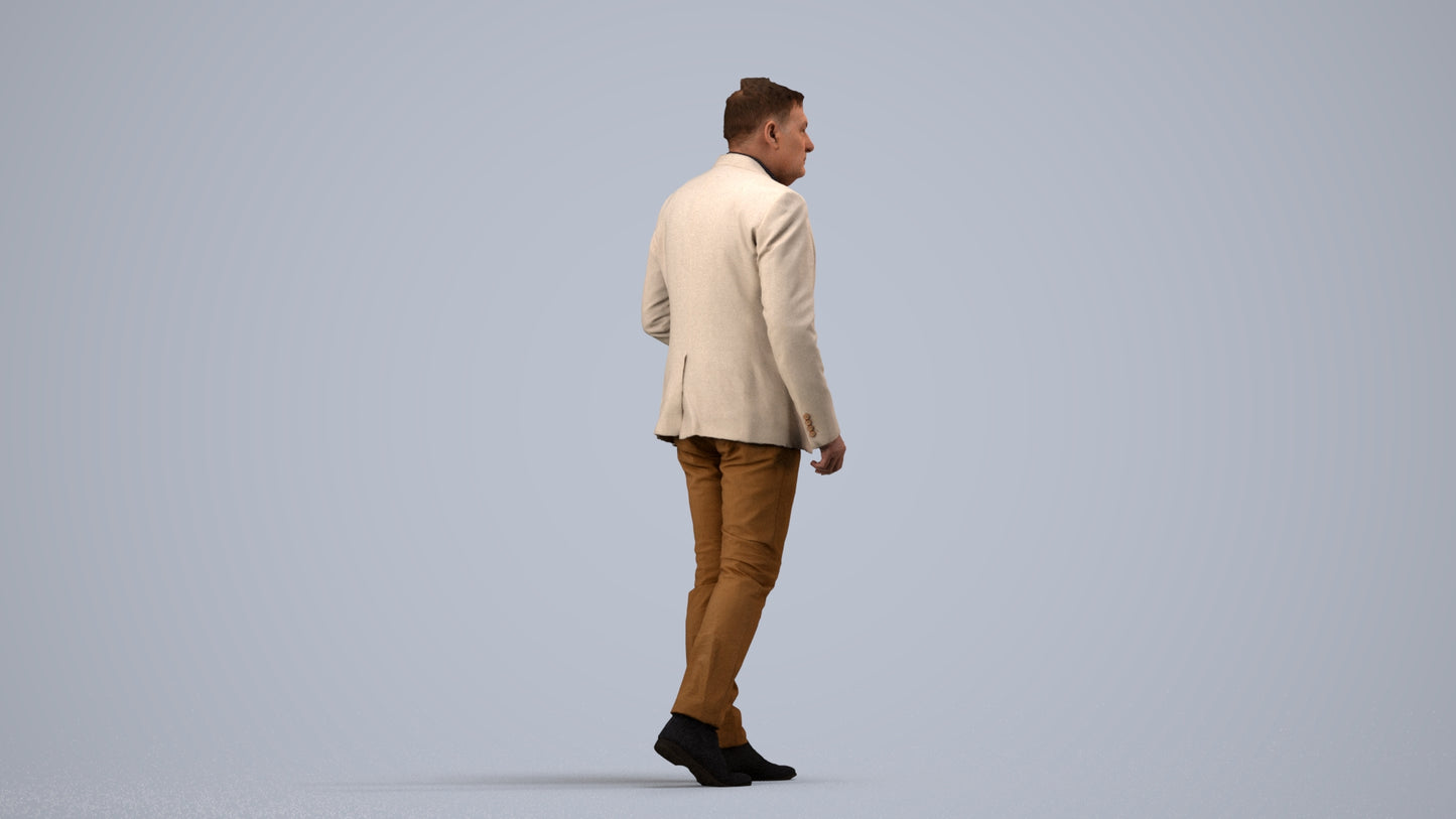 photogrammetry 3D man business walking, realistic human model archviz FBX, side view render