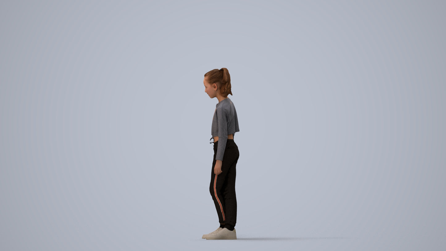 realistic 3D human girl sport kids, archviz people FBX OBJ for Blender, three-quarter view render