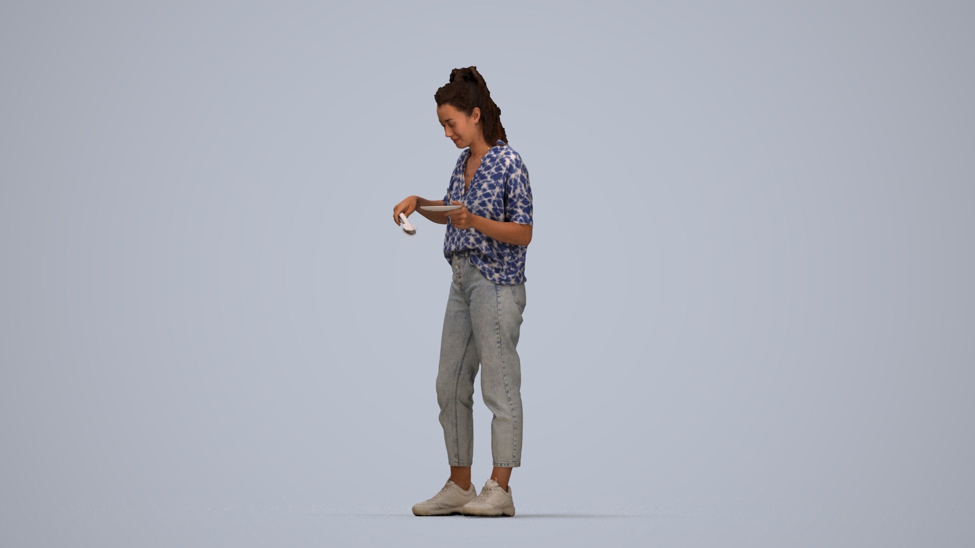 scanned 3D woman casual standing, photogrammetry people for Enscape and V-Ray, top-down view render