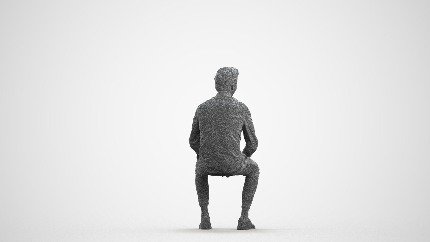 realistic 3D man casual sitting, scanned archviz people for Blender and 3ds Max, wireframe front view