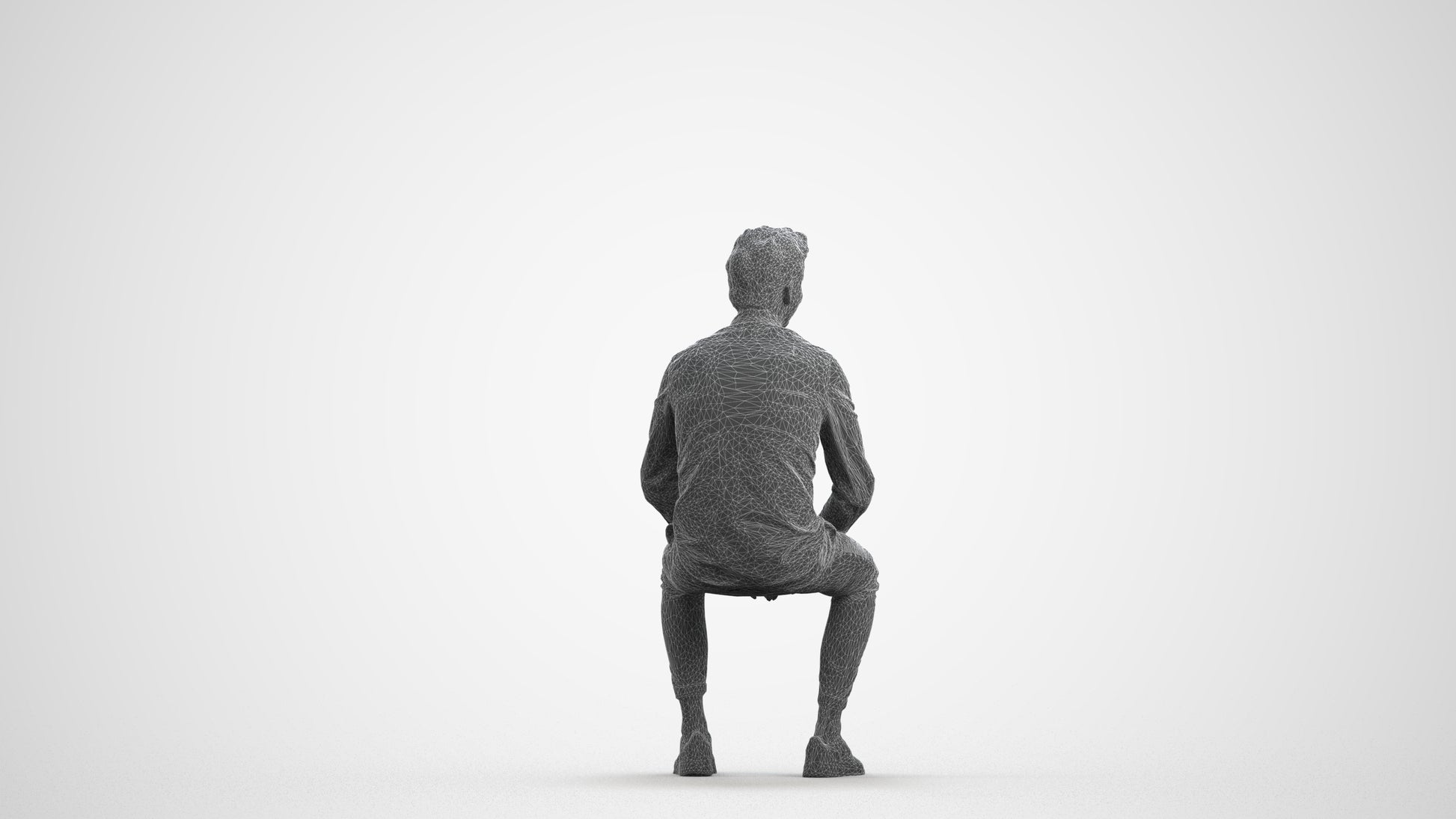 realistic 3D man casual sitting, scanned archviz people for Blender and 3ds Max, wireframe front view