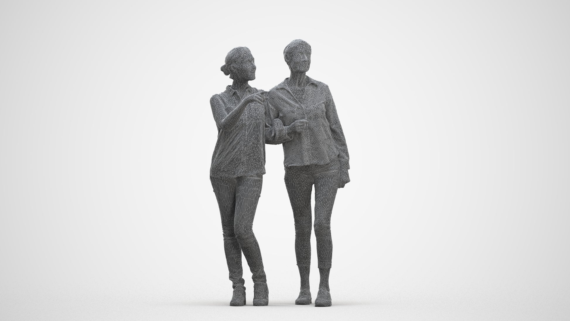 3D human model woman casual couple, photogrammetry scanned person for archviz, three-quarter front view render