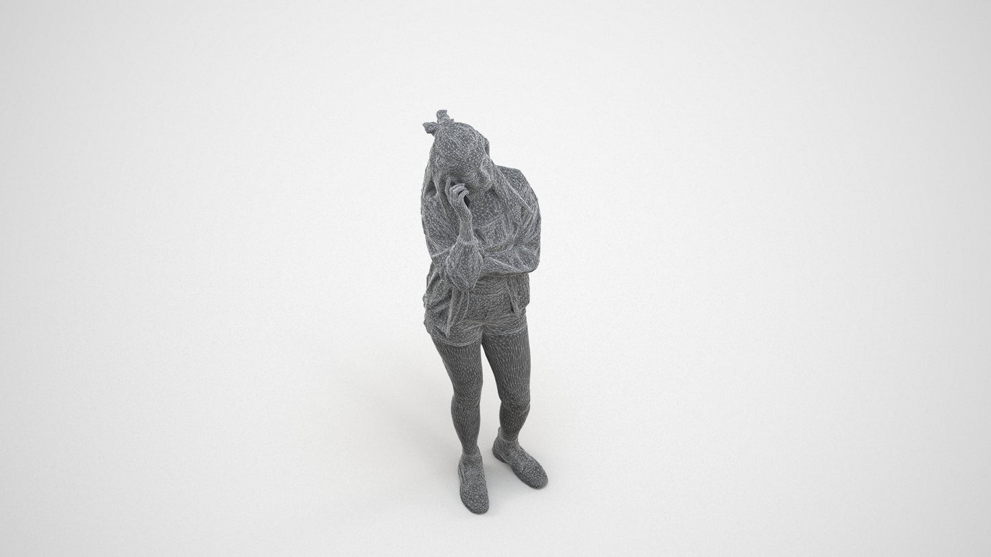 realistic 3D woman casual standing, scanned archviz people for Blender and 3ds Max, wireframe three-quarter view