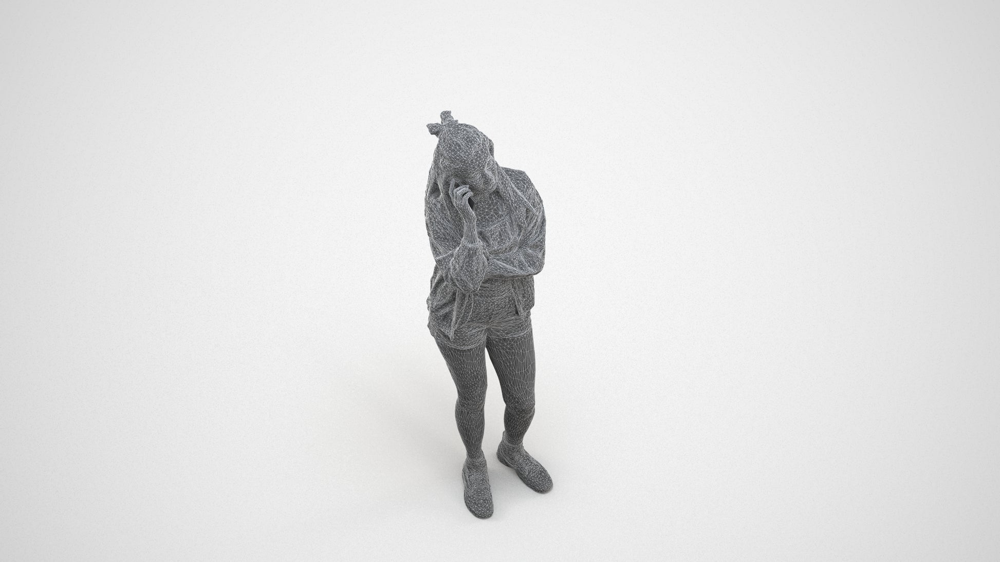 realistic 3D woman casual standing, scanned archviz people for Blender and 3ds Max, wireframe three-quarter view