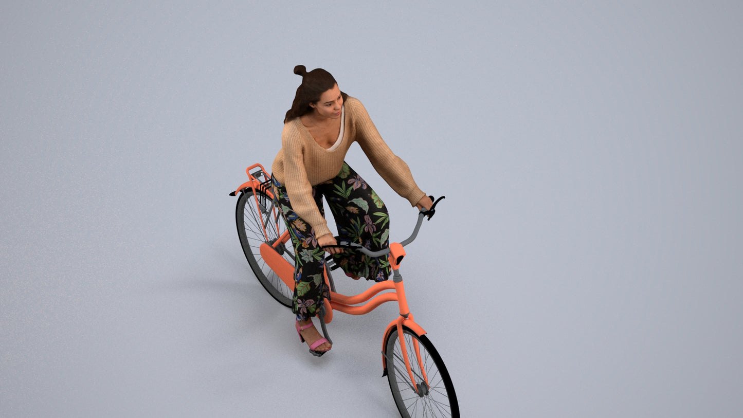 3D human model woman casual cycling, photogrammetry scanned person for archviz, back view render
