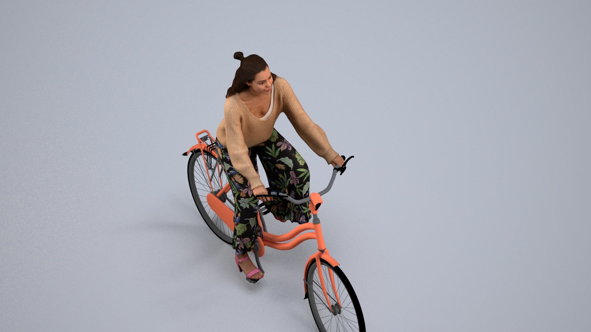 3D human model woman casual cycling, photogrammetry scanned person for archviz, back view render