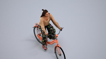 3D human model woman casual cycling, photogrammetry scanned person for archviz, back view render