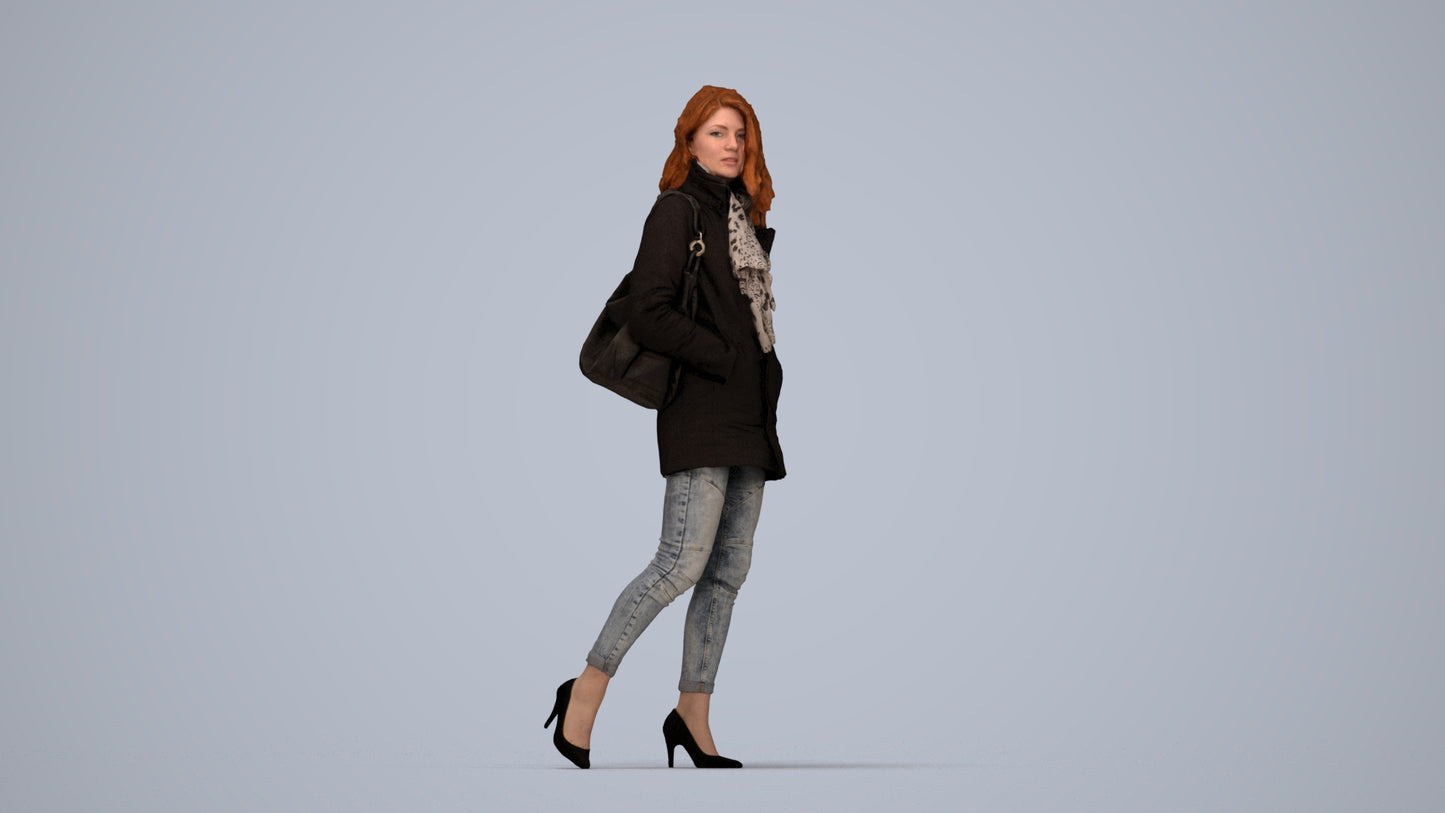 3D scanned woman walking casual, photorealistic archviz people for Enscape and SketchUp, top-down view render