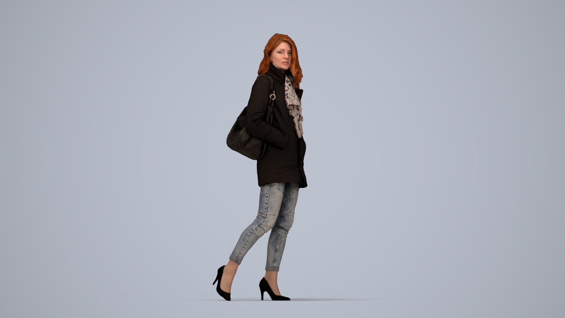 3D scanned woman walking casual, photorealistic archviz people for Enscape and SketchUp, top-down view render