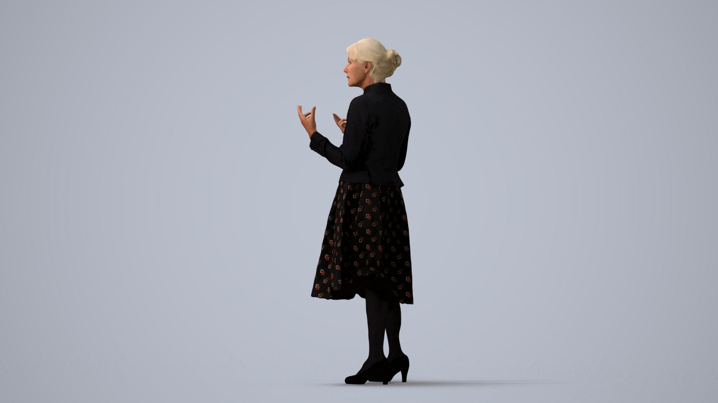 realistic 3D senior woman business standing, scanned archviz people for Blender and 3ds Max, three-quarter view render