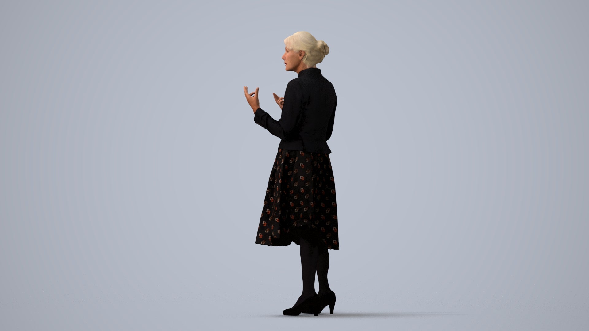 realistic 3D senior woman business standing, scanned archviz people for Blender and 3ds Max, three-quarter view render